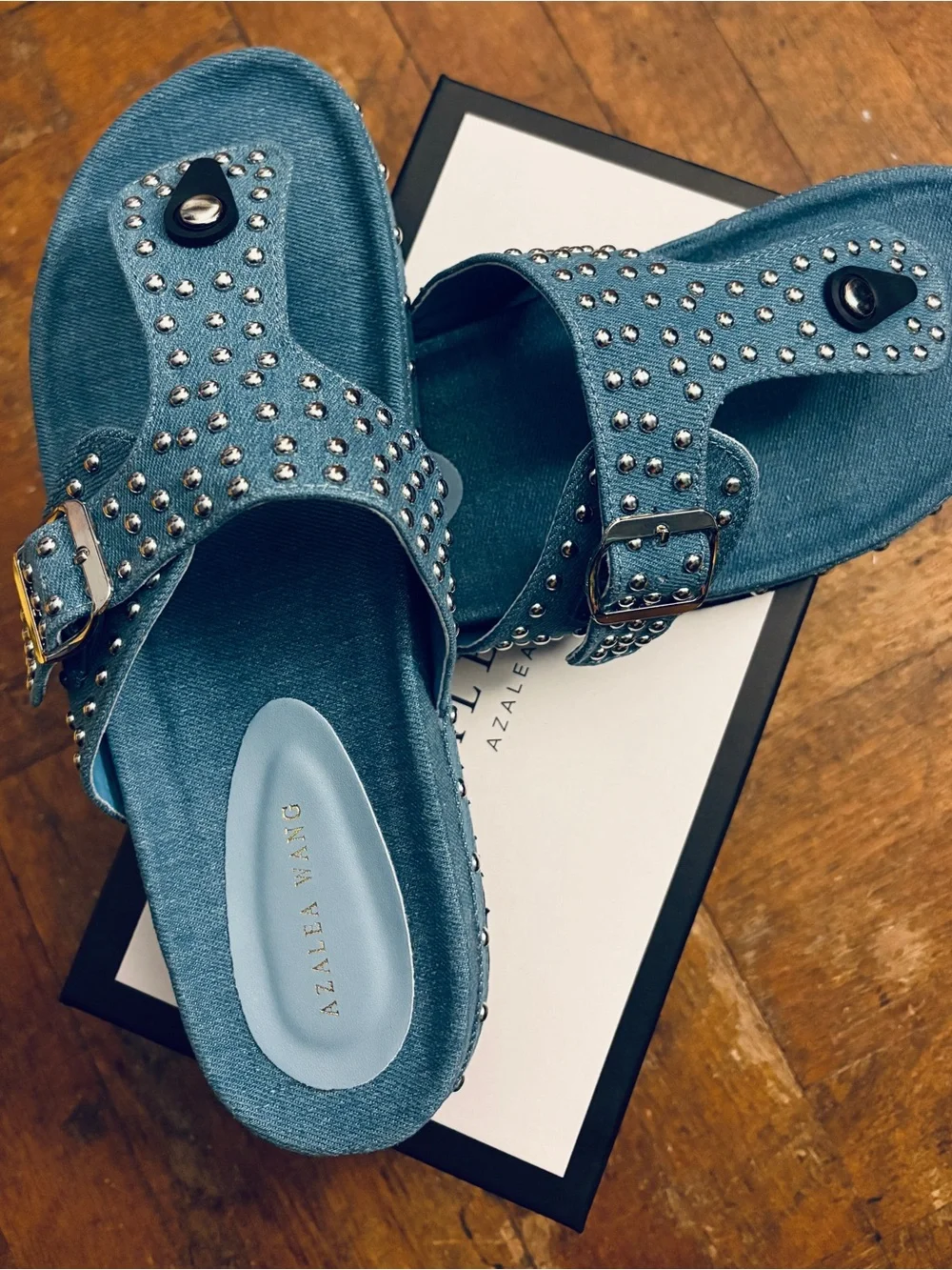 Blue Denim Studded Slide Sandal